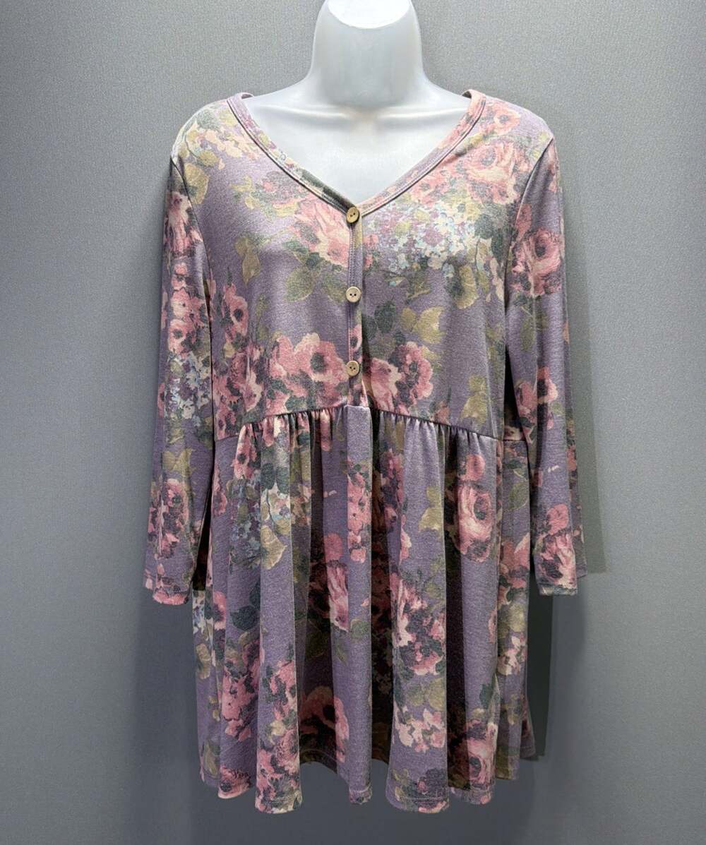 Honeyme Large Floral Tunic Top 3/4 Sleeve Babydoll Blouse Stretch NWT
